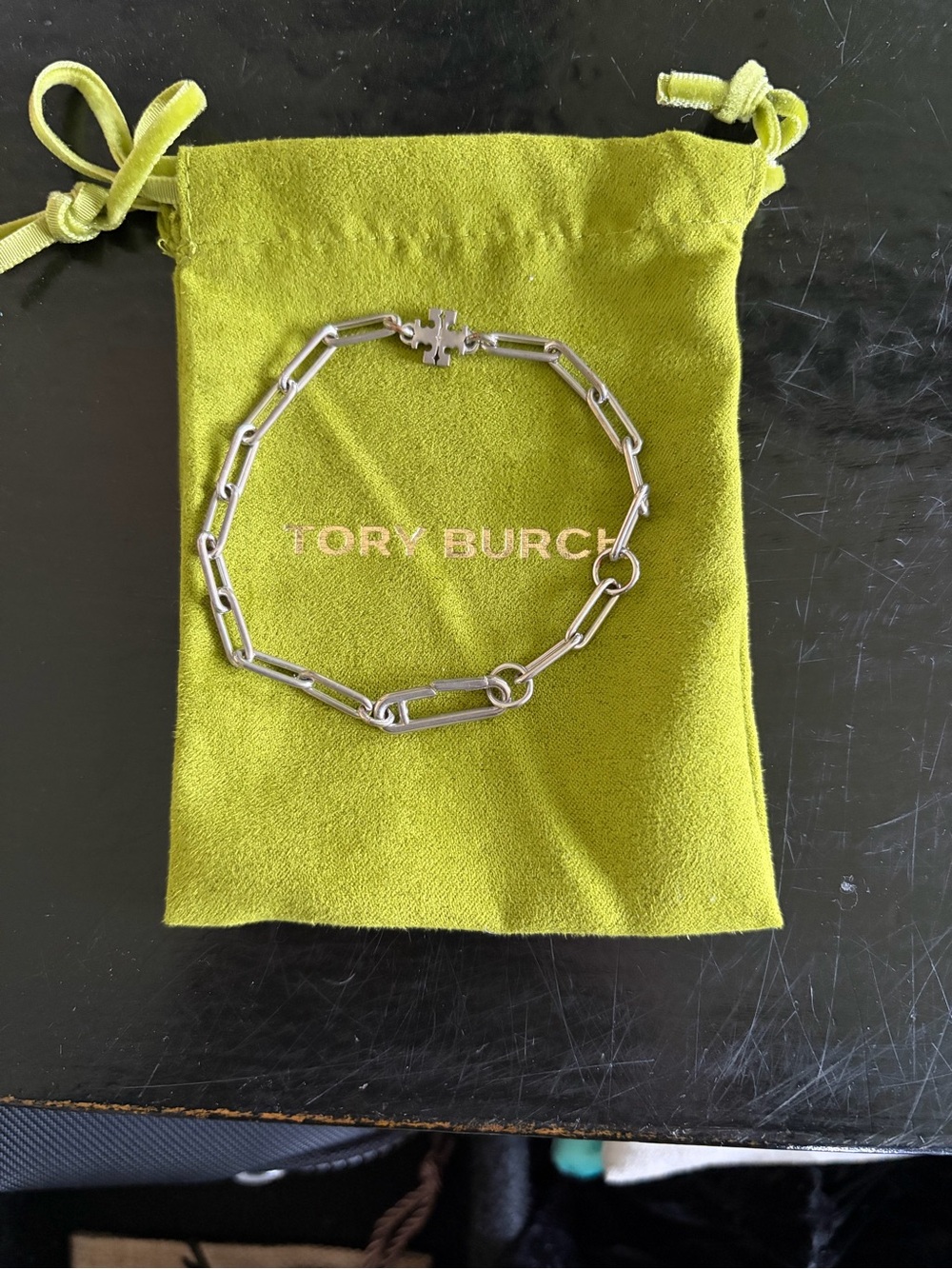 Tory Burch Silver Paperclip Link Bracelet with Logo Clasp